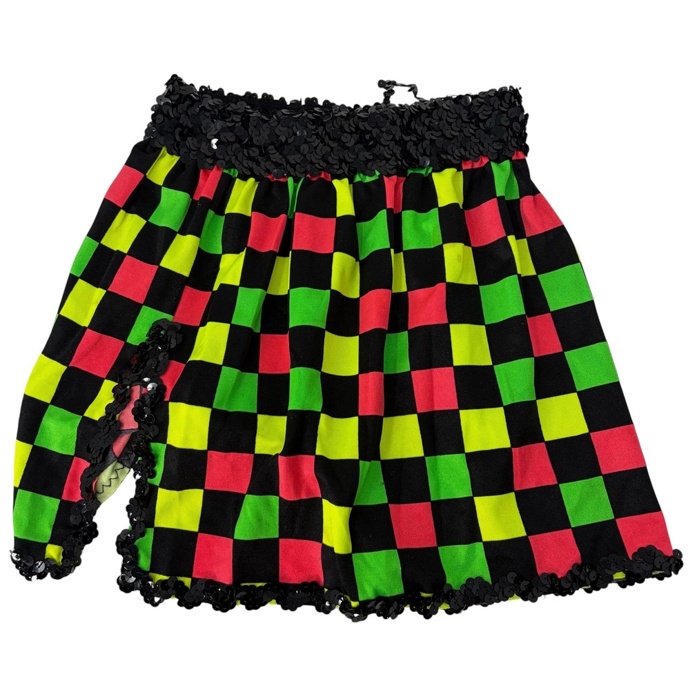 VTG 90s Dance Costume Neon Checkerboard Sequined Skirt & Hat Set Jazz Hip Hop
